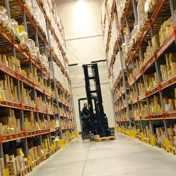 man driving a forklift in a warehouse