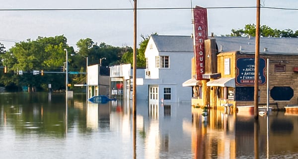 Flooded business street in a small town