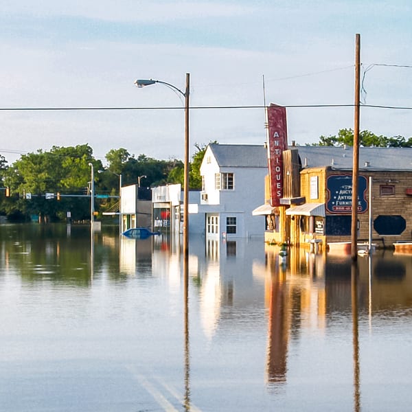 Flooded business street in a small town